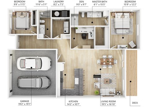 Floor plan for 2 beds, 2 baths, 1330 sqft